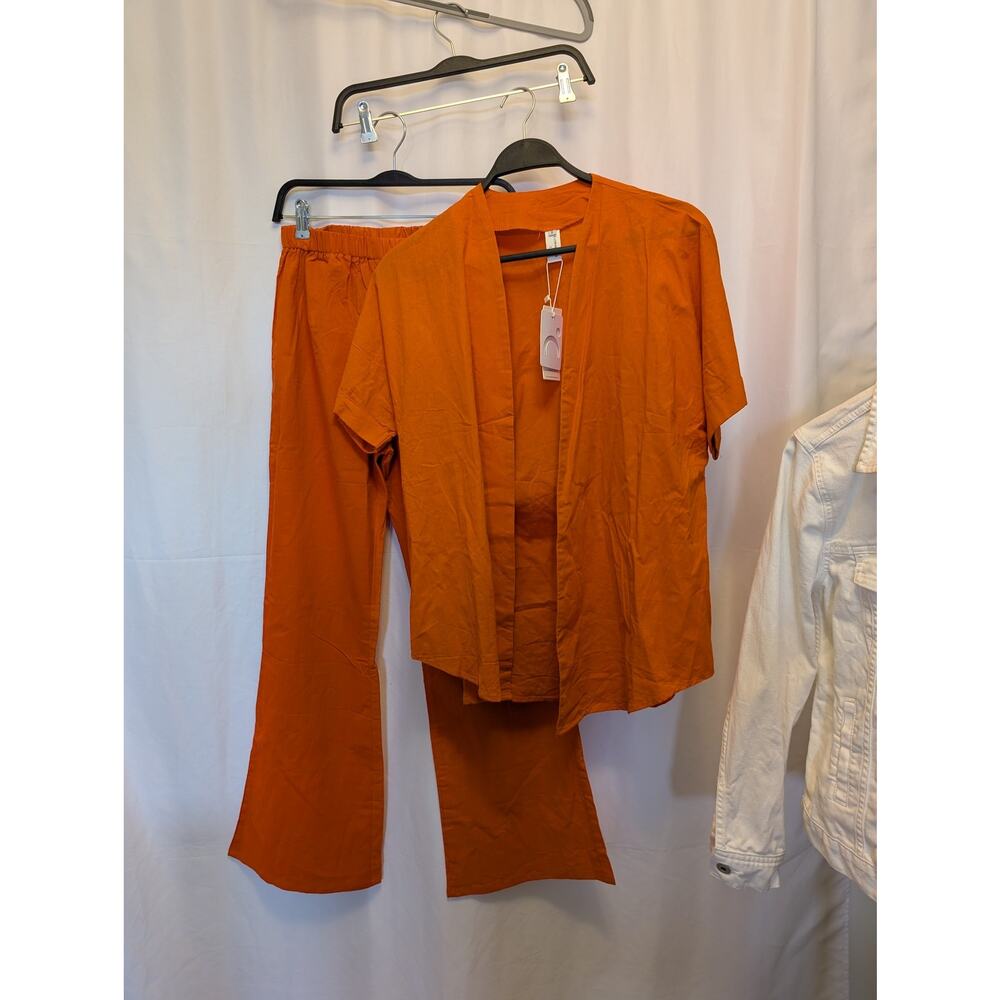 CAMMENSE Orange 2 Piece Outfit Set Open Front Top & Wide Leg Pants Small no belt